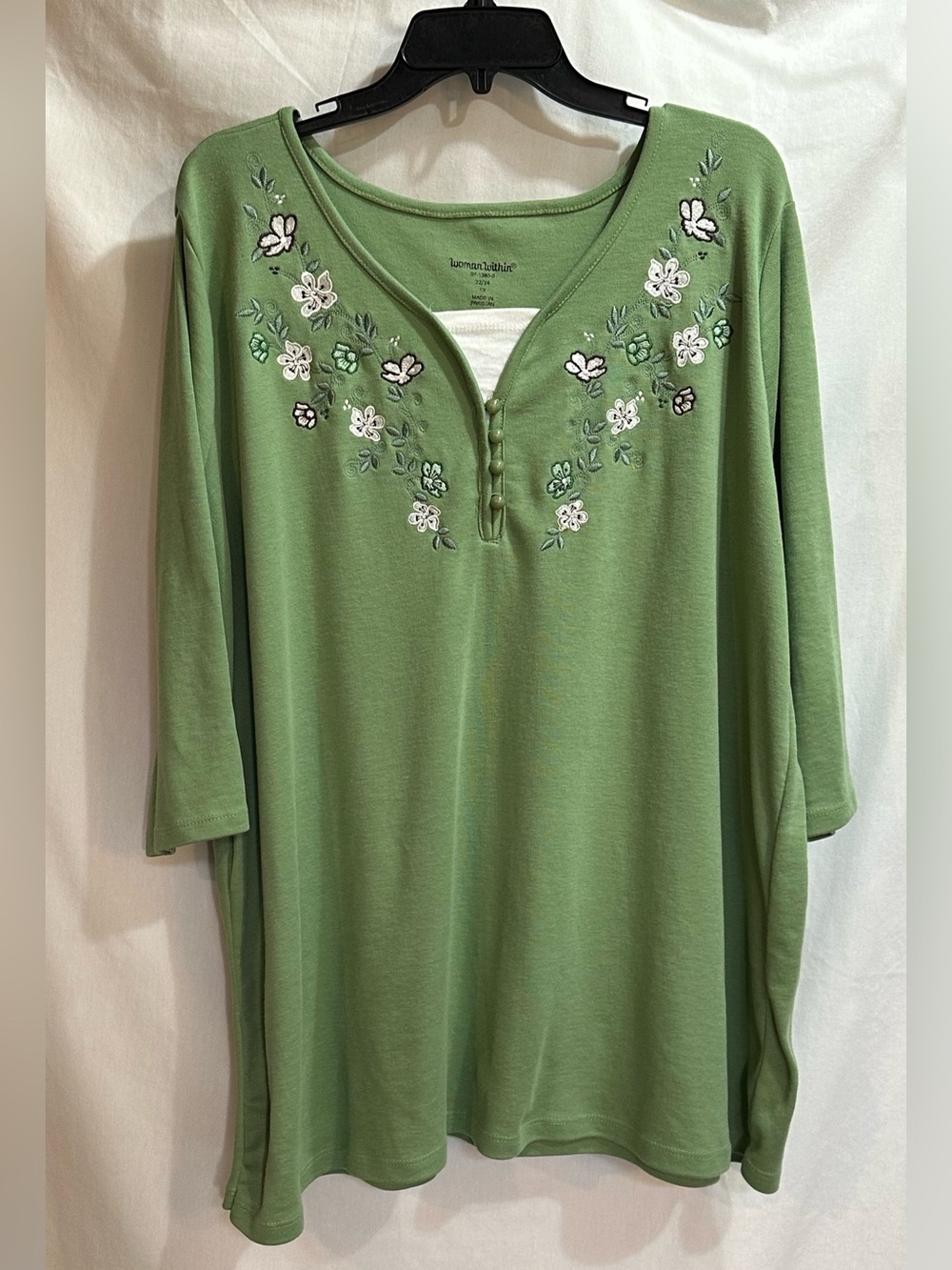 Woman Within Green Embroidered Henley Tunic Top